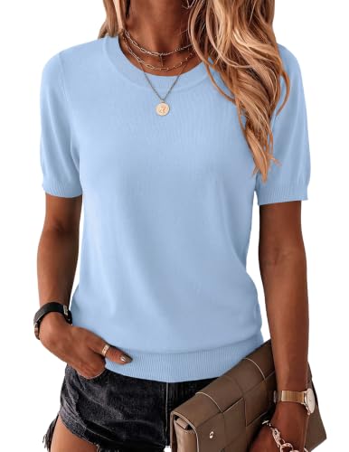Image of Zeagoo Womens Summer Short Sleeve Tops Crew Neck Lightweight Pullover Sweaters Loose Dressy Casual Blouse Basic Clothes