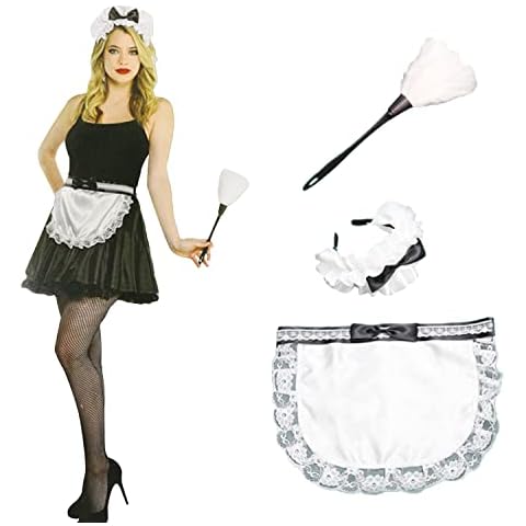 Simple polymer Set of 3 White Cleaning Maid Costume Accessories, Women Lace Waist Apron Headband Feather Duster for Cosplay Outfit Halloween Costumes Cover