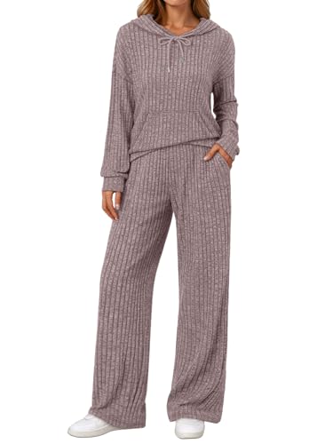 LILLUSORY Women 2 Piece Lounge Pajamas Sets Ribbed Knit Long Sleeve Sweater Hoodies Pants Matching Set 2025 Fall Outfits