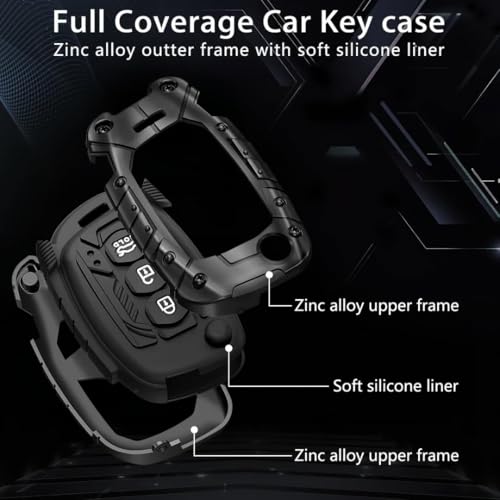 Image of REWOP Metal Black Car Key Protective Shockproof Cover /Case and Keychain Compatible with Hyundai Alcazar, Aura, Creta, i10 Grand Nios, i20 Elite, Tucson, Verna, Venue, Xcent, Exter (3-Button Flip Key)