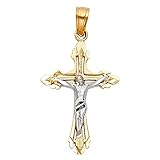 14K Real Gold Two Tone Linear Jesus Cross Pendant - 25x16 MM Crucifix Charm Necklace Pendant - Great Gift for Men & Women