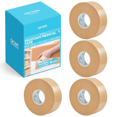 OK TAPE Premium Foam Medical Tape, Water Resistant Tan First Aid Bandage, Flexible & Breathable to Secure Dressings - 1" x 5 Yds, 4 Rolls