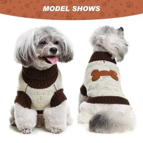 BINGPET Turtle Neck Dog Sweater - Brown Bone Pattern - Puppy Winter Warm Cloth for Small Medium Large Dogs