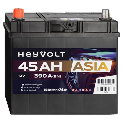 Asia Autobatterie 12V 45Ah 390A/EN HeyVolt Starterbatterie absolut wartungsfrei Pluspol Links