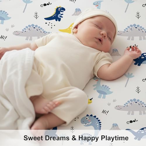 Image of Plushii Mini Crib Sheets 4 Pack, 38 inchx 26 inch Extra Soft Microfiber Pack and Play Fitted Sheet for Mini Crib & Pack and Play Mattress, Playpen Sheet Fitted for Baby Boys,Dinosaur