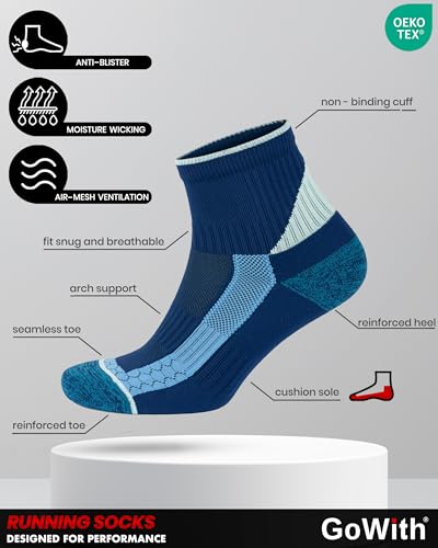 Image of GoWith 2-3 Pairs Quarter Running Socks for Men & Women, Athletic Anti-Blister Cushioned Seamless Padded Ankle Socks