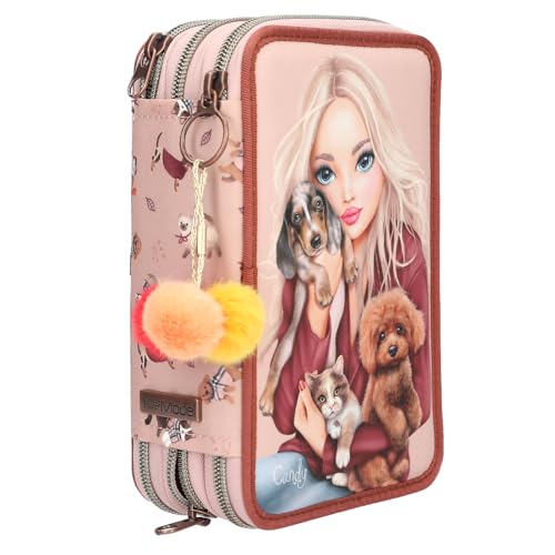 Depesche 13673 TOPModel Fur Ever Friends - Gefüllte 3-Fach Federtasche in Rosa und Kupfer, mit Model Motiv, Hund und Katze, Federmappe mit Buntstiften, Schere, Lineal UVM.