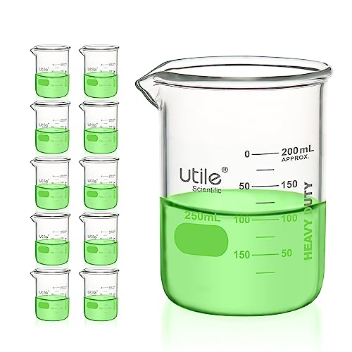 Utile 10pcs of Heavy Duty Glass Beakers, Vol.250m(8.5oz), Borosilicate 3.3 Glass with Double Scaled Printed Graduation, 4046.0250.10