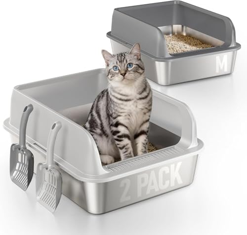 2 Pack Katzenklo Edelstahl Gehege mit Deckel, große Katzentoilette aus Edelstahl, Katzenklo Mit Hochwandigem Seitengehäuse, Nicht-Klebrig, Auslaufsicher & Einfach zu Reinigen, nklusive Schaufel, M