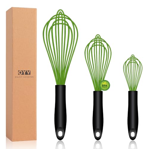 OYV Dishwasher Safe Green Silicone Whisk, Sealed Waterproof Design Set of 3, Professional Kitchen Whisks for Cooking Non-Scratch, Silicone & Stainless Steel Whisk, Heat Resistant Balloon Egg Beater