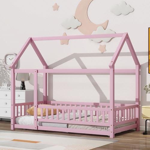 HKOLIE Twin Size House Bed with Fence, Wooden Montessori Floor Bed Solid Wood Floor Bed with Roof and Guardrails Sturdy House Shaped Floor Bedframe for Boys Girls Bedroom Kids Playroom, Pink