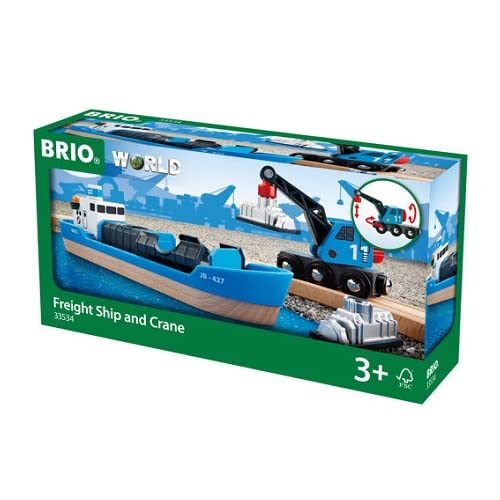 BRIO World 33061 Container Hafen Set - Mit Hafenbrücke und beweglichem Kran zum Beladen des Frachtschiffes - Geeignet für Kinder ab 3 Jahren & Bahn 33534 - Containerschiff mit Kranwagen