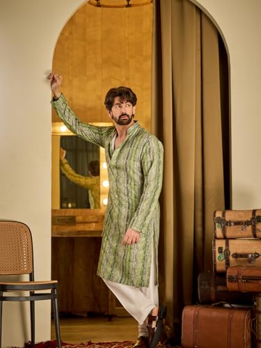 Image of SOJANYA Men's Cotton Silk Printed Green Kurta | Designer Long Ethnic Outfit for Navratri, Garba Nights & Puja