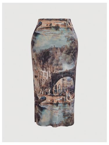 Women's Plus Size Oil Printed Bodycon Skirts Vintage Skinny Pencil Midi Skirt2