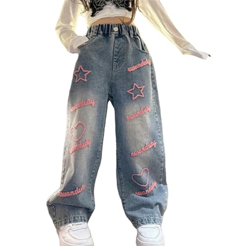 Girl Denim Ripped Jeans Elastic Waist High Waisted Sports Pants Fashion Letter Print Sports Pants (Pink, 10-11 Years)