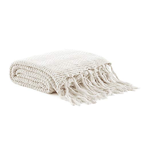 Longhui Bedding Cream Fringe Knit Cotton Throw Blanket, 60 X 80 Inches Decorative Knitted Cover With 6 Inch Tassels, Bonus Laundry Bag – Bed Blankets, Beige Ivory - 3.85Lb #TOP2
