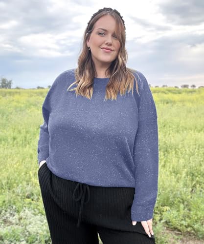 Image of CARCOS Plus Size Sweaters for Women Solid Crew Neck Knit Tops Casual Long Sleeve Pullover Sweater Sparkly Tunic Shirts