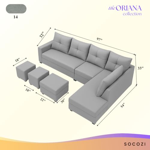 Image of SOCOZI Oriana 8 Seater RHS L Shape Sofa Set | Velvet Suede Fabric L Shape Sofa for Livingroom with 2 Ottoman & Centre Table (Light Grey)