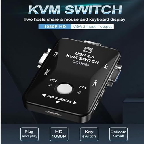 Image of 2 Port KVM Switch USB 2.0 KVM Switch Box to Control up to 2 Computers 2 in 1 Out USB Keyboard Mouse Sharing Device for Computer, PC, Laptop, Desktop, Monitor, Printer, Sharing Video. BLACK