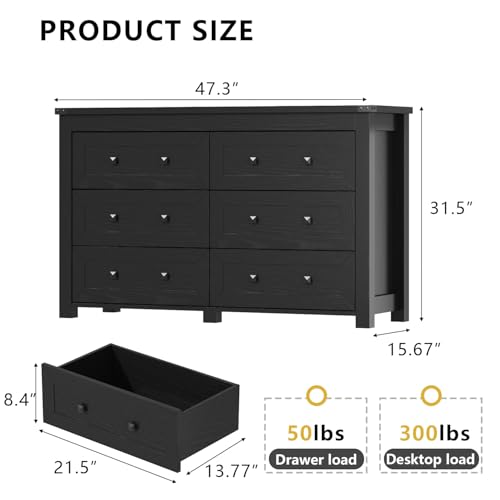 Image of HUANLEGO Black Dresser for Bedroom with 6 Drawers, Modern Chest of Drawers, Wood Dressers Bedroom Furniture Wide Storage Organizer, 6 Drawer Dresser for Closet, Living Room, Hallway