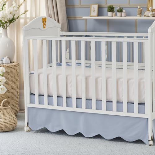 Brandream Scallop Edge Cotton Crib Skirt, Mist Blue