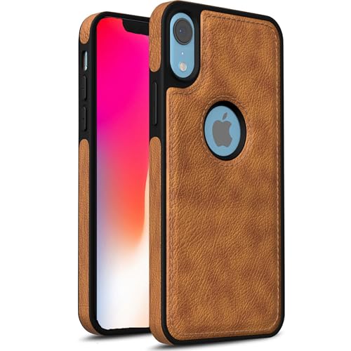 Image of Leather Case for Apple iPhone XR Premium Protective Stylish Slim Cover with Shockproof Raised Edges Brown