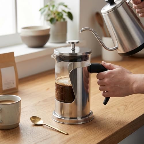 French Press Coffee Maker 304 Stainless Steel with Thickened Glass Carafe (Woven 600ml)