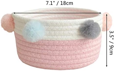 Fieans Cotton Rope Basket Woven Round Hamper Baby Nursery Storage Box Home Decor Desk Shelf Organizer with Pompoms - Pink