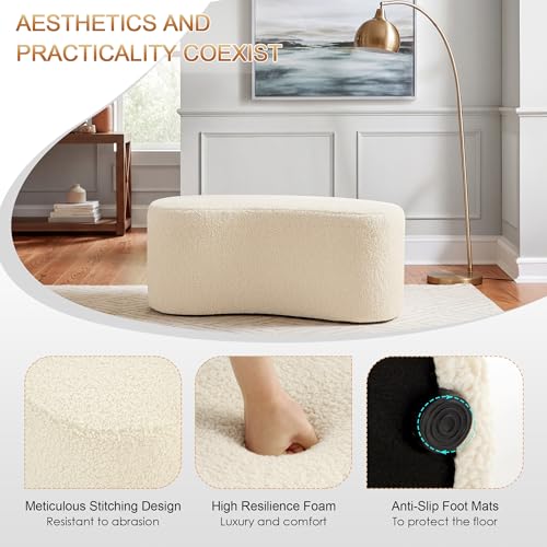 Image of Zesthouse Upholstered Ottoman Bench for Bedroom, 39.8 inch Curved Sherpa End of Bed Bench, Modern Small Bench Seat for Living Room Entryway Hall Mudroom, Soft White Fabric Coffee Table, Crescent Shape