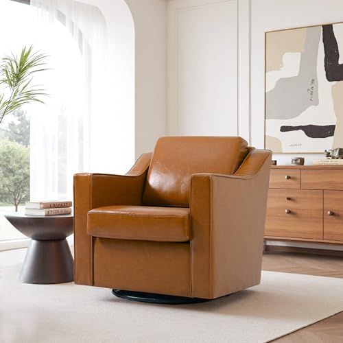 UIXE Faux Leather Swivel Accent Chair, Upholstered Arm Chair for Living Room, Modern Club Armchair Comfy Single Sofa Bedroom Reading Seat with Lumbar Pillow - Cognac Brown