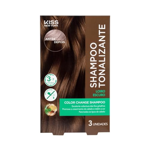 Shampoo Tonalizante Kiss New York, 3 Unidadesde x 30ml, Cobertura de Fios Grisalhos, Coloração Sem Amônia, Cor Loiro Escuro