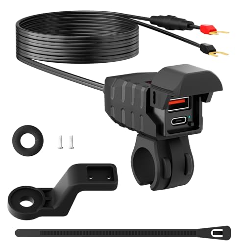 ERYUE Motorcycle Power Adapter Dual-port Efficient Charging for Phones Tablets GPS Devices, Handlebar Mounted Outlet for ATV Trike (Black)