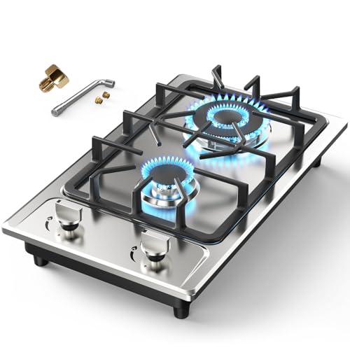 Gas Stove 2 Burner, Propane Cooktop 12 inch, Nafewin Portable Gas Cooktop Stainless Steel Stove Burner with Thermocouple Protection, Lpg/Ng Dual Fuel Built-in Hob for Apartments, Outdoor, Rvs
