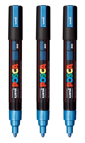 Image of posca PC-5M Water-Based Paint Markers, Reversible Medium Tip (1.8-2.5mm), Metallic Blue, 3 Count