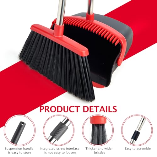 Image of Broom and Dustpan Set with Long Handle, Heavy Dust Broom and Dustpan Combo for Home,Kitchen, Office, Pet Hair 2PCS (Black Red)