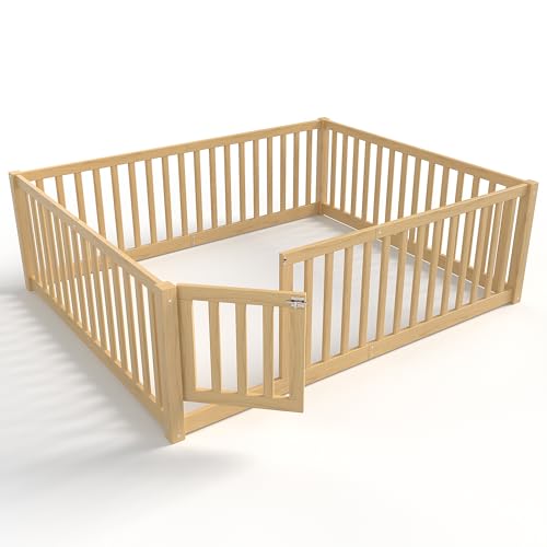 Image of Bellemave Full Size Kids Montessori Floor Bed with Door,Solid Wood Floor Bed Frame with High Fence for Girls,Boys,Natural