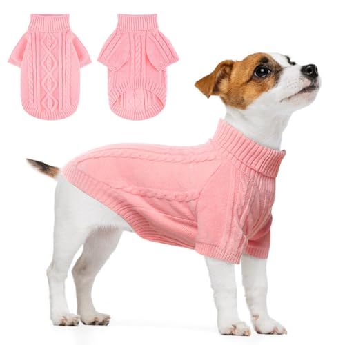 Image of BEAUTYZOO Dog Sweaters for Small Dogs, Knit Clothes with Harness Hole | Turtleneck Pullover Fall Winter Knitwear, Fuzzy Fleece Cold Weather Coat for Girl Boy Puppy, Warm Pet Sweatshirt, Pink S