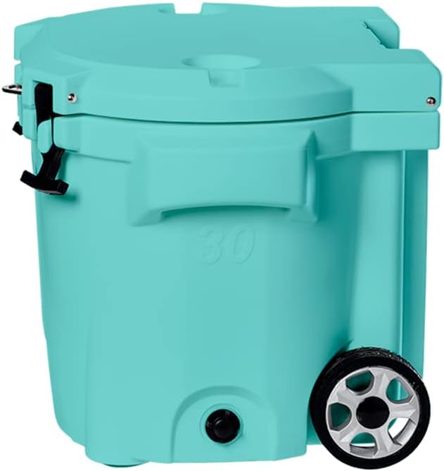 Laka Cooler with Wheels – 30QT Rotomolded Insulated Rolling Hard Cooler, Telescoping Handle, Holds 24 Cans + Ice, Up to 7 Days Cold, Drain Plug, Cup Holders + Bottle Opener, Beach/Camping/Boat