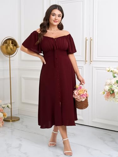 Image of Womens Plus Size Dress Square Neck Smocked Button Down Tie Front Split A-Line Maxi Long Dresses