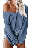 ReachMe Womens Drop Shoulder Sweater Oversized Off The Shoulder Tops Sexy Long Sleeve Waffle Knit Shirt(01 Denim,M)