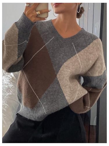 SOLY HUX Plaid Sweaters for Women V Neck Drop Shoulder Long Sleeve Color Block Pullover Sweater Tops3