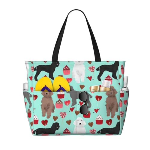 Fashion Poodles Dogs Print Beach Bag Waterproof Beach Totes Bags For Women, Lightweight Foldable Pool Bag With Zipper Wet Compartment