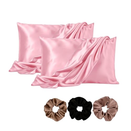 Image of Satin Pillow Covers Set of 2 - Soft & Smooth Pillowcases for Hair & Skin Care | Envelope Closure | Includes 3 Free Random Color Scrunchies | Frizz-Free Sleep Essentials (Pink)