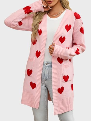 HOULENGS Women's Cute Heart Long Cardigan Sweaters V Neck Ribbed Knit Open Front Sweater Coats with Pockets4