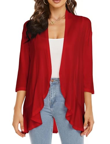 Image of YnimioAOX Women's Cardigan Lightweight Open Front 3 /4 Sleeves Draped Ruffles Knit Cardigan Sweaters