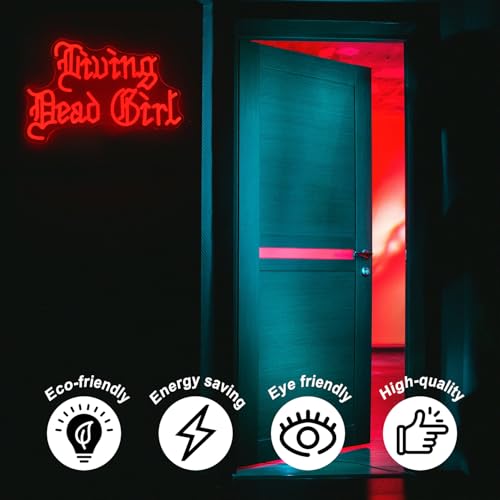 Image of Living Dead Girl Neon Sign Gothic Scary LED Light for Room Halloween Decor | Dimmable Phrase Neon Light Up Sign, Acrylic Red Letter LED Sign, Old English Font Word Neon Light, Bedroom Horror Party Decor
