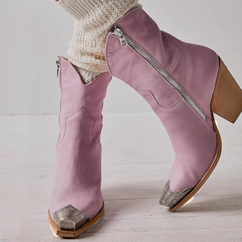 Image of keleimusi Women's Western Cowgirl Ankle Boots Stacked Block Heel Cowboy Booties Steel Toe Heeled Short Cowboy Boots Western Booties