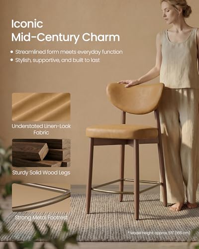 Image of VASAGLE Wooden Bar Stools Set of 2, Synthetic Leather, Caramel Brown | Barstools with Solid Wood Legs, Ergonomic Backrest, Mid Century Modern, for Kitchen Island, Synthetic Leather