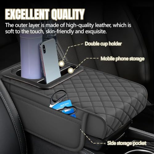 Image of Eliane Car Center Console Armrest Cover Pad Fashion PU Leather Car Armrest Cushion Fit for SUV, Auto Armrest Seat Box Cover with 2 Mobile Pockets, Ergonomic Comfort & Easy Install (Black) (Design 2)