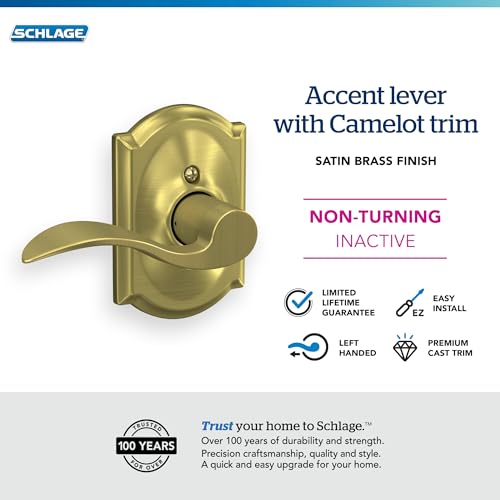 Image of SCHLAGE Accent Lever with Camelot Trim Non-Turning Lock in Satin Brass - Left Handed - F170 ACC 608 CAM LH